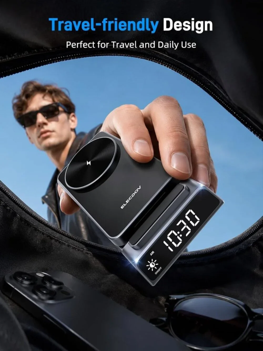 3-in-1 Wireless Charging Station with Clock, Foldable iPhone & Apple Watch Stand